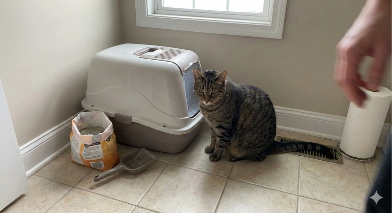 Gato atigrado mostrando signos de malestar junto a su arenero, un síntoma común de diarrea felina.